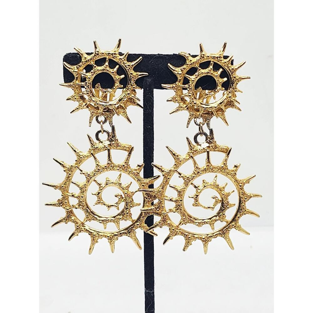 Vintage Orena Paris Sunburst Spiral Clip On Earrings Gold Tone Long Dangle